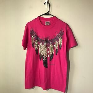 Vintage Arizona hot pink tshirt feathers glitter Native American design M USA